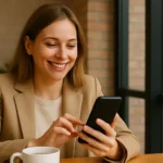 Une maman fait une demande de complément mode de garde sur son téléphone